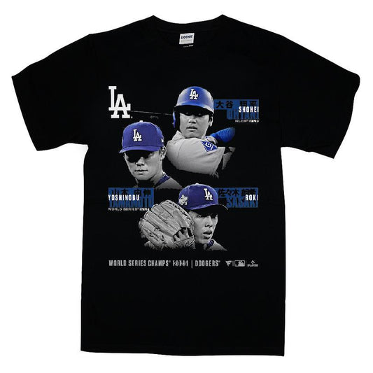 Los Angeles Dodgers Shohei Ohtani, Yoshinobu Yamamoto & Roki Sasaki Black 2025 World Series Champions T-shirt