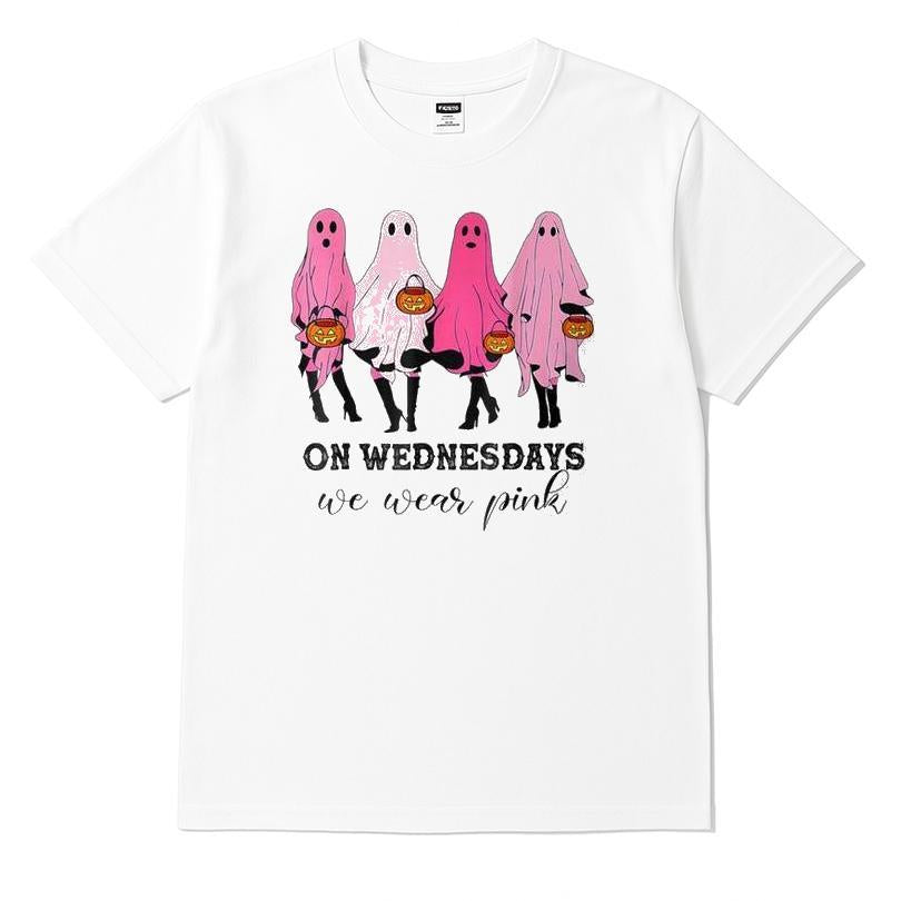 On Wednesday We Wear Pink Cute Ghost Halloween Breast Cancer T-shirt