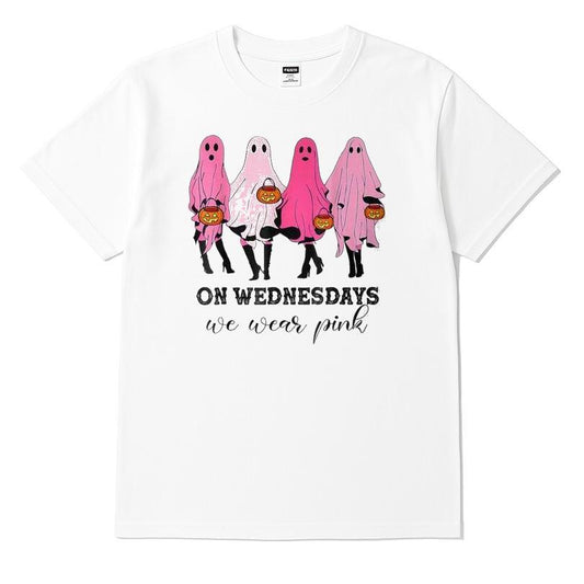 On Wednesday We Wear Pink Cute Ghost Halloween Breast Cancer T-shirt