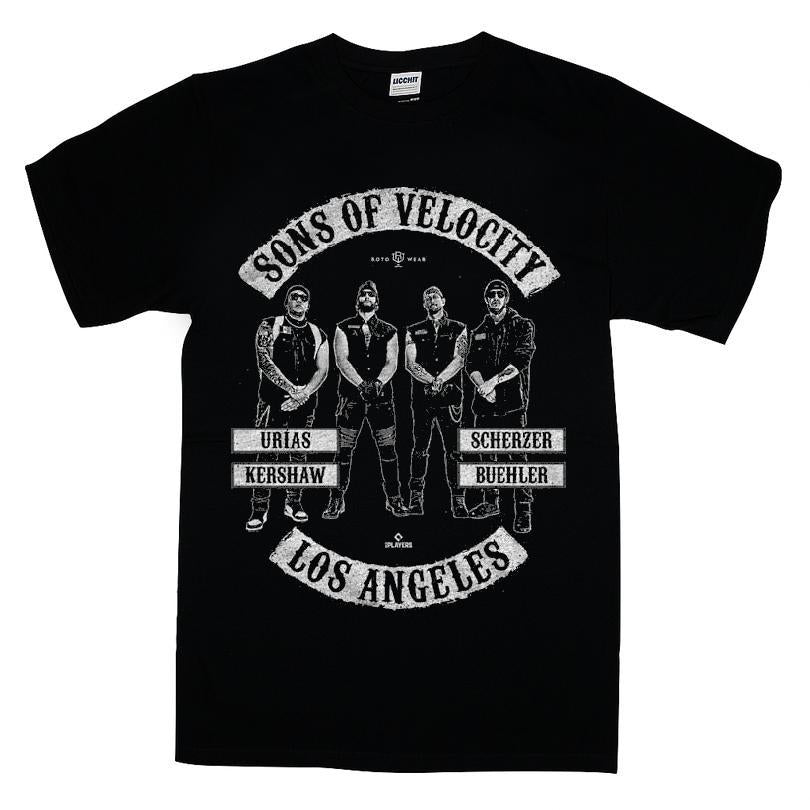 Sons Of Velocity Julio Ur­as Clayton Kershaw Max Scherzer Walker Buehler Los Angeles Baseball T-shirt