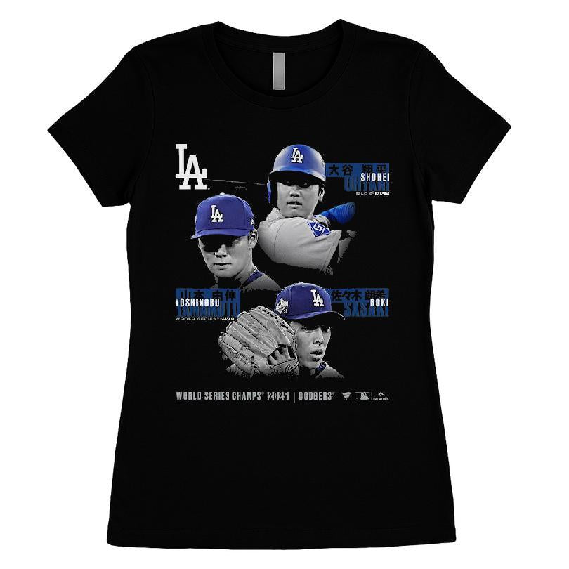 Los Angeles Dodgers Shohei Ohtani, Yoshinobu Yamamoto & Roki Sasaki Black 2025 World Series Champions T-shirt