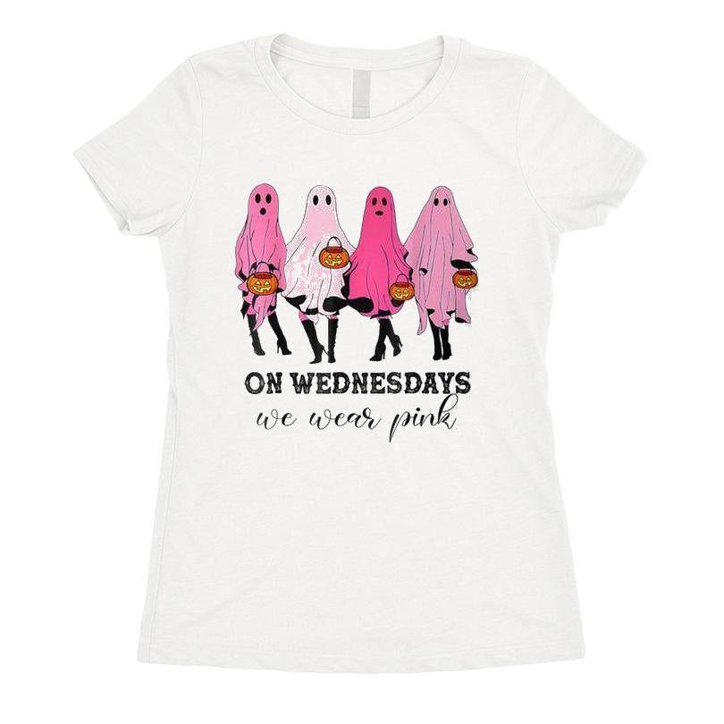 On Wednesday We Wear Pink Cute Ghost Halloween Breast Cancer T-shirt
