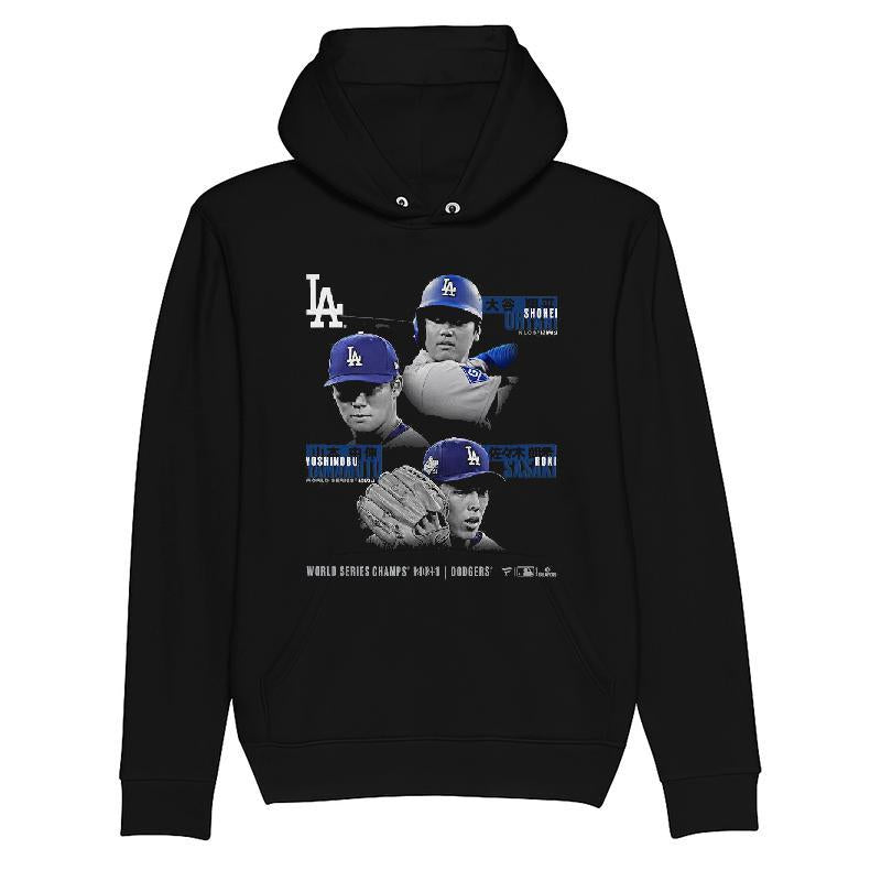 Los Angeles Dodgers Shohei Ohtani, Yoshinobu Yamamoto & Roki Sasaki Black 2025 World Series Champions T-shirt